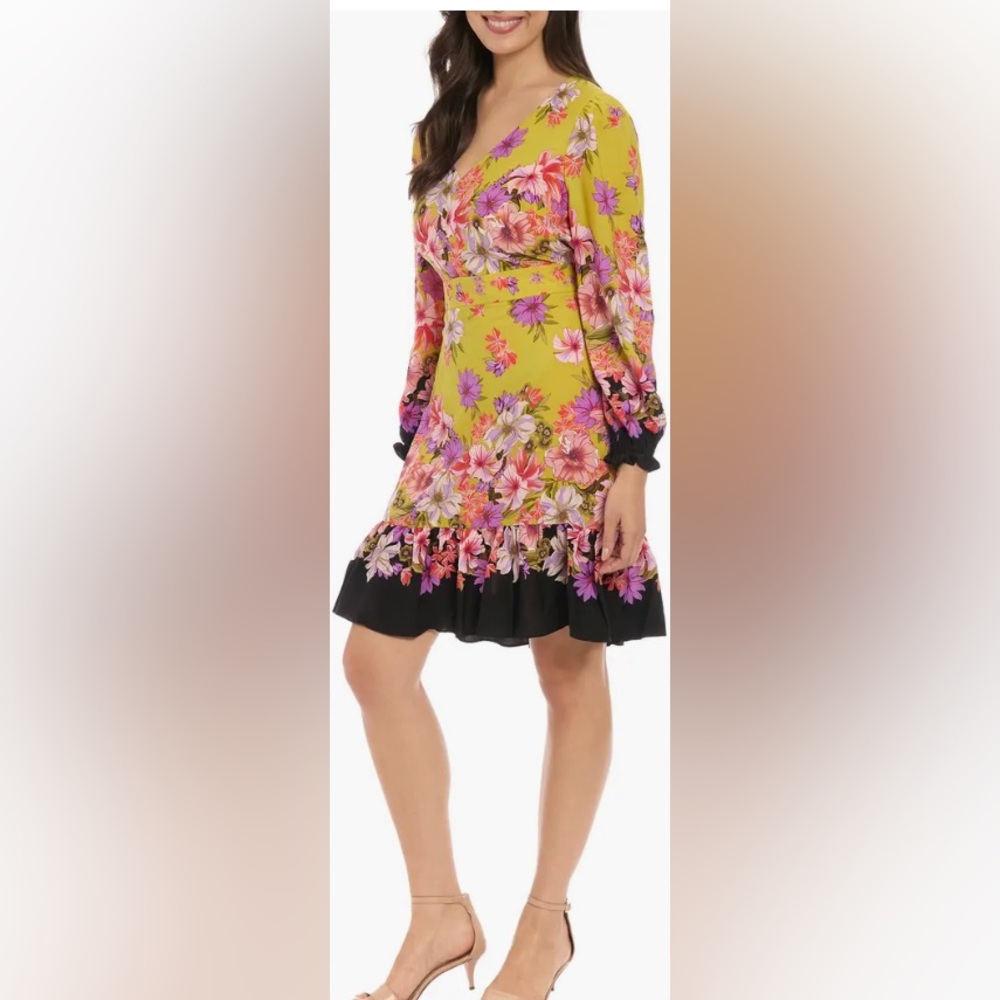 Mustard Gold Floral Dress with Purple, Pink, & Black Accents Long Sleeve Size 10 - Picture 2 of 5